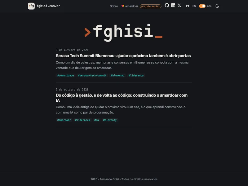 Página inicial do fghisi.com.br, com a logo e a lista de artigos